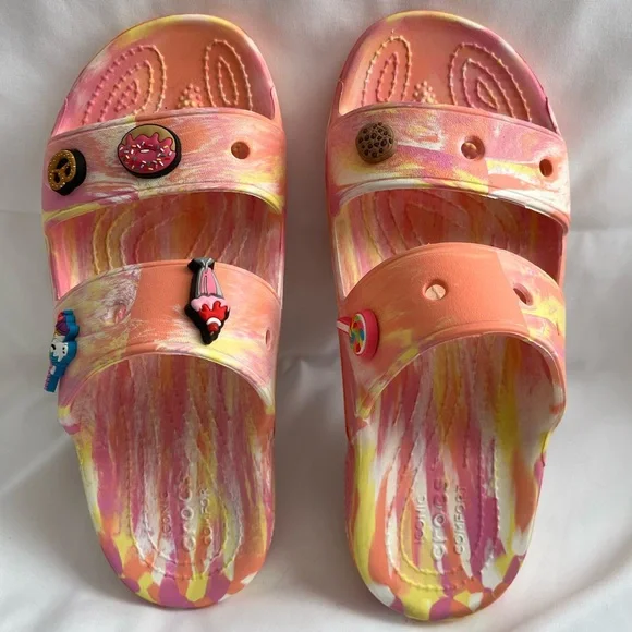 CROCS Classic Marble Sandals w/ JIBBITZ (sz 7) - Picture 2 of 4